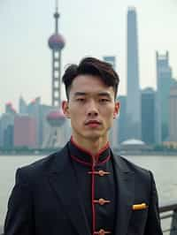 sharp and trendy man in Shanghai wearing a traditional qipao/mandarin-collar suit, modern skyline in the background