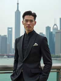 sharp and trendy man in Shanghai wearing a traditional qipao/mandarin-collar suit, modern skyline in the background