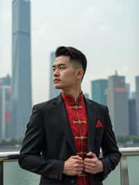 sharp and trendy man in Shanghai wearing a traditional qipao/mandarin-collar suit, modern skyline in the background