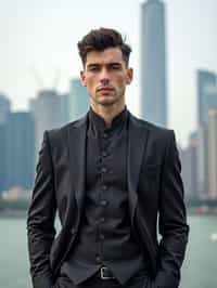 sharp and trendy man in Shanghai wearing a traditional qipao/mandarin-collar suit, modern skyline in the background