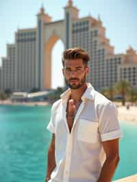 sharp and trendy man in Dubai wearing a stylish sundress/linen shirt, the Atlantis hotel in the background