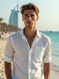 sharp and trendy man in Dubai wearing a stylish sundress/linen shirt, the Atlantis hotel in the background