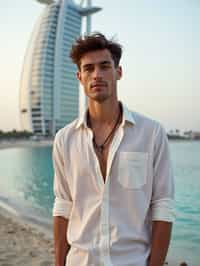 sharp and trendy man in Dubai wearing a stylish sundress/linen shirt, the Atlantis hotel in the background