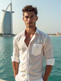 sharp and trendy man in Dubai wearing a stylish sundress/linen shirt, the Atlantis hotel in the background