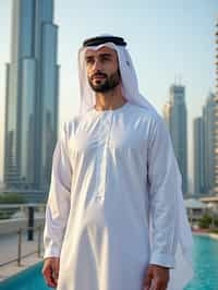 sharp and trendy man in Dubai wearing a modern, chic abaya/thobe, skyscrapers of Dubai in the background