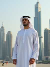 sharp and trendy man in Dubai wearing a modern, chic abaya/thobe, skyscrapers of Dubai in the background