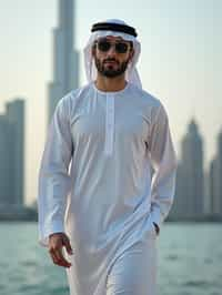 sharp and trendy man in Dubai wearing a modern, chic abaya/thobe, skyscrapers of Dubai in the background