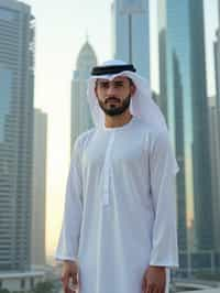 sharp and trendy man in Dubai wearing a modern, chic abaya/thobe, skyscrapers of Dubai in the background