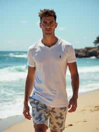 sharp and trendy man in Sydney wearing a summer dress/shorts and t-shirt, Bondi Beach in the background