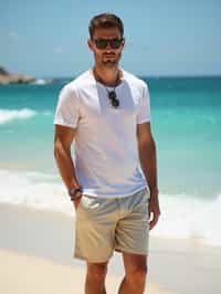 sharp and trendy man in Sydney wearing a summer dress/shorts and t-shirt, Bondi Beach in the background