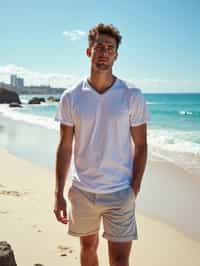 sharp and trendy man in Sydney wearing a summer dress/shorts and t-shirt, Bondi Beach in the background