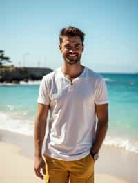 sharp and trendy man in Sydney wearing a summer dress/shorts and t-shirt, Bondi Beach in the background