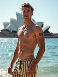 sharp and trendy man in Sydney wearing a surf-inspired outfit, Sydney Opera House in the background