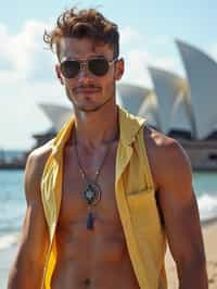 sharp and trendy man in Sydney wearing a surf-inspired outfit, Sydney Opera House in the background