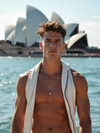 sharp and trendy man in Sydney wearing a surf-inspired outfit, Sydney Opera House in the background