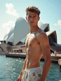 sharp and trendy man in Sydney wearing a surf-inspired outfit, Sydney Opera House in the background