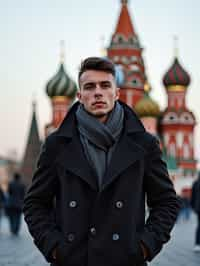 sharp and trendy man in Moscow wearing a stylish coat and scarf, Saint Basil's Cathedral in the background