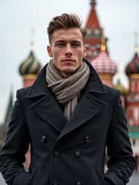 sharp and trendy man in Moscow wearing a stylish coat and scarf, Saint Basil's Cathedral in the background