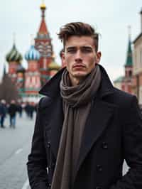 sharp and trendy man in Moscow wearing a stylish coat and scarf, Saint Basil's Cathedral in the background