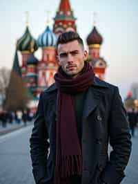 sharp and trendy man in Moscow wearing a stylish coat and scarf, Saint Basil's Cathedral in the background