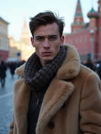 sharp and trendy man in Moscow wearing a faux fur coat, Kremlin in the background