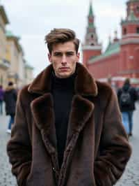 sharp and trendy man in Moscow wearing a faux fur coat, Kremlin in the background