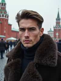 sharp and trendy man in Moscow wearing a faux fur coat, Kremlin in the background