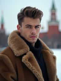 sharp and trendy man in Moscow wearing a faux fur coat, Kremlin in the background