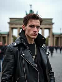 sharp and trendy man in Berlin wearing a punk-inspired outfit, Brandenburg Gate in the background