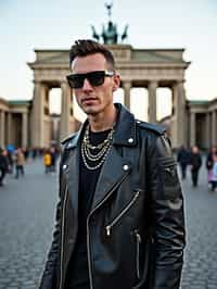 sharp and trendy man in Berlin wearing a punk-inspired outfit, Brandenburg Gate in the background