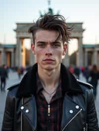 sharp and trendy man in Berlin wearing a punk-inspired outfit, Brandenburg Gate in the background