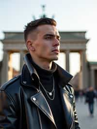 sharp and trendy man in Berlin wearing a punk-inspired outfit, Brandenburg Gate in the background