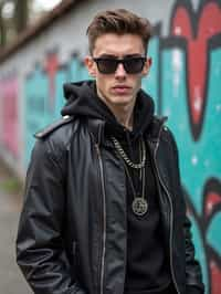 sharp and trendy man in Berlin wearing a grunge-inspired outfit, Berlin Wall in the background