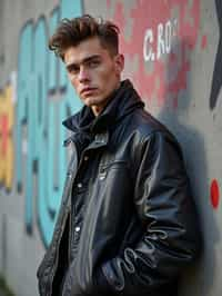 sharp and trendy man in Berlin wearing a grunge-inspired outfit, Berlin Wall in the background