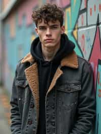 sharp and trendy man in Berlin wearing a grunge-inspired outfit, Berlin Wall in the background