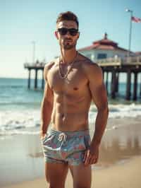 sharp and trendy man in Los Angeles wearing a trendy beach outfit, Santa Monica pier in the background