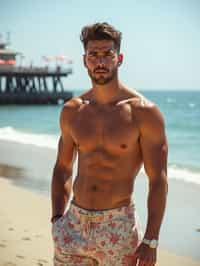 sharp and trendy man in Los Angeles wearing a trendy beach outfit, Santa Monica pier in the background