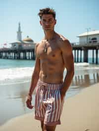 sharp and trendy man in Los Angeles wearing a trendy beach outfit, Santa Monica pier in the background