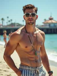 sharp and trendy man in Los Angeles wearing a trendy beach outfit, Santa Monica pier in the background