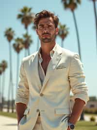 sharp and trendy man in Los Angeles wearing a summer dress/linen suit, palm trees in the background