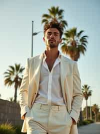 sharp and trendy man in Los Angeles wearing a summer dress/linen suit, palm trees in the background