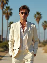 sharp and trendy man in Los Angeles wearing a summer dress/linen suit, palm trees in the background