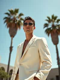 sharp and trendy man in Los Angeles wearing a summer dress/linen suit, palm trees in the background