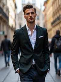 sharp and trendy man in Milan wearing a fashionable blazer and jeans, Duomo di Milano in the background