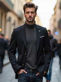 sharp and trendy man in Milan wearing a fashionable blazer and jeans, Duomo di Milano in the background