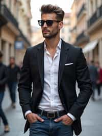 sharp and trendy man in Milan wearing a fashionable blazer and jeans, Duomo di Milano in the background