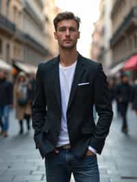 sharp and trendy man in Milan wearing a fashionable blazer and jeans, Duomo di Milano in the background