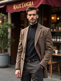 sharp and trendy man in Milan wearing high fashion attire in front of a classic Italian café