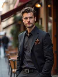 sharp and trendy man in Milan wearing high fashion attire in front of a classic Italian café