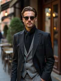 sharp and trendy man in Milan wearing high fashion attire in front of a classic Italian café